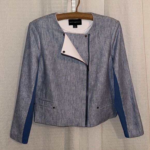 metaphor XL Heather Blue “Pastel Romance” Linen Moto Style Jacket - Picture 1 of 16